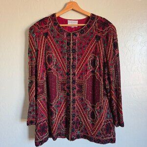 Vintage Silk Beaded Embroidered Evening Jacket Red/Green/Black XL Zenith Fashion